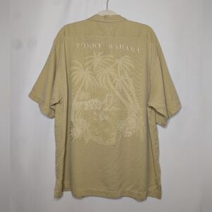 Tommy Bahama Mens Vintage Tan Silk Hawaiian Bikini Girl Button Down Shirt XL